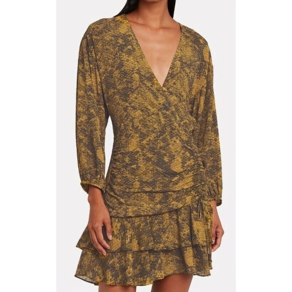 SAYLOR Electra Mustard Snake Print Ruched Tiered V-Neck Mini Dress Size Small